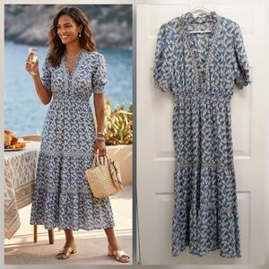 Max Studio Tiered Floral Maxi Dress Blue XL Boho Cottagecore Prairie Smocked